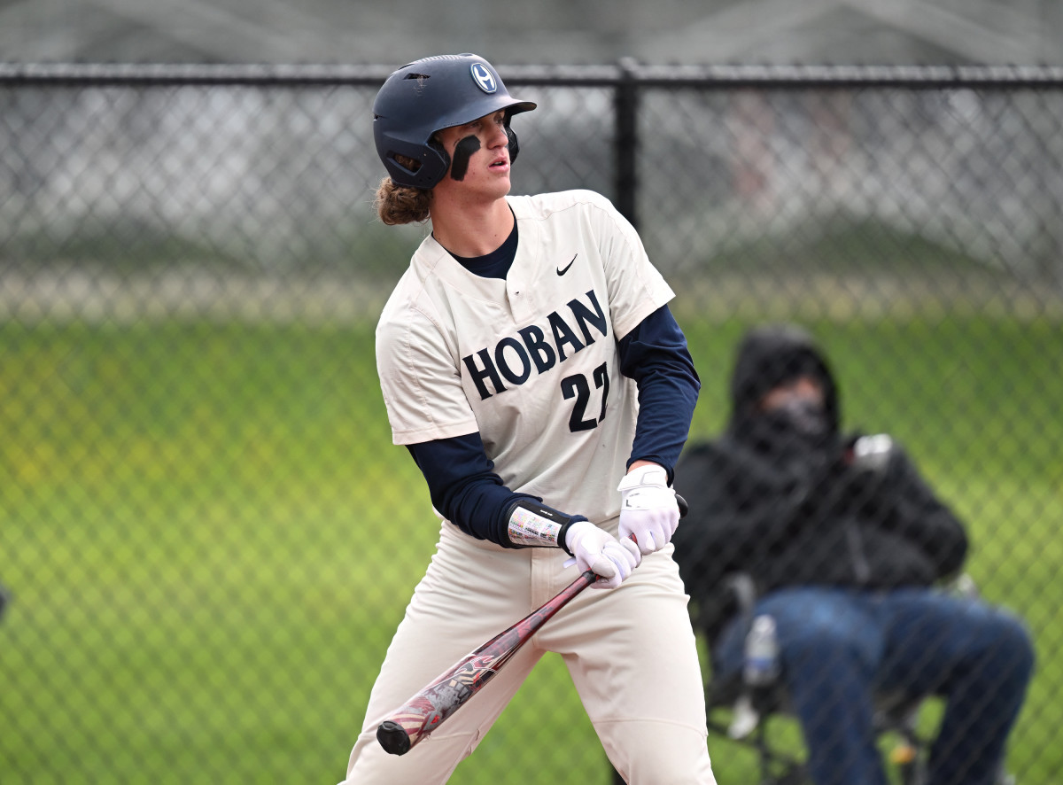 Archbishop Hoban's Andrew Karhoff readies for a pitch during a game in the 2023 season.